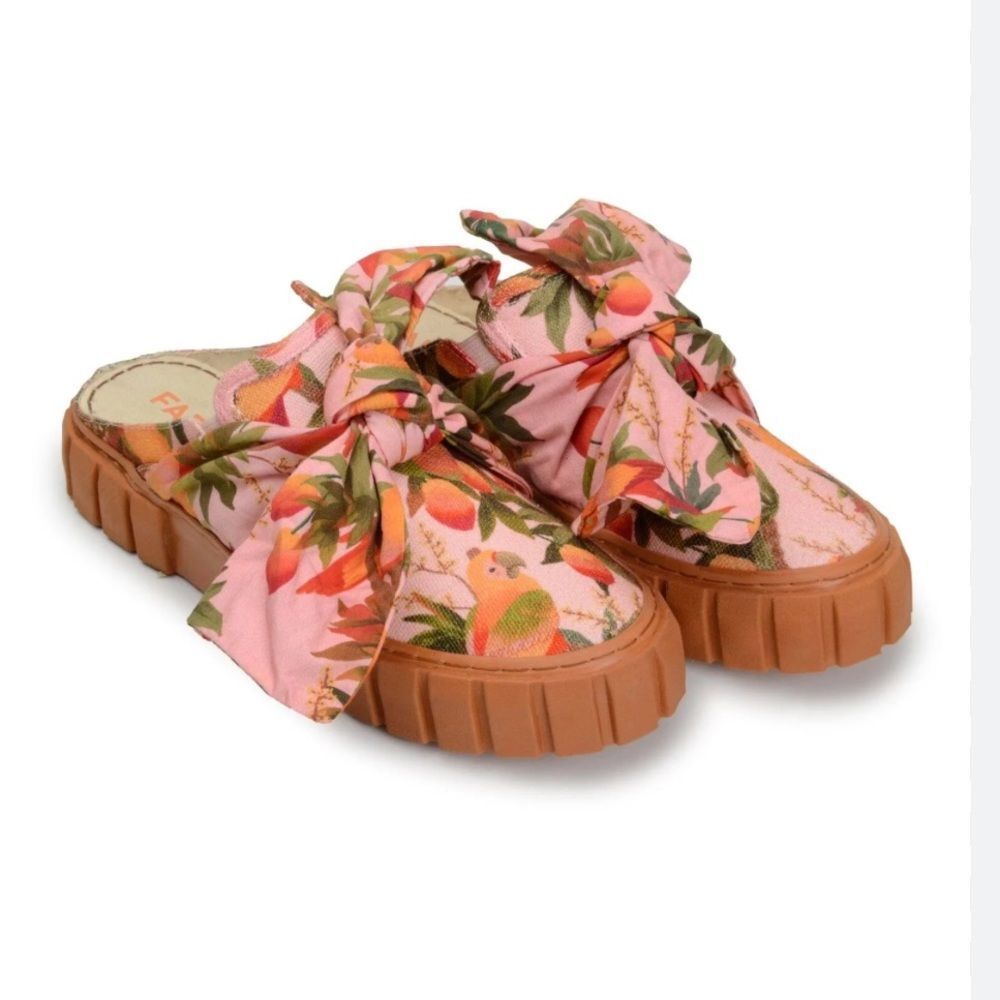 Floral Pink Mules with Bow Detail